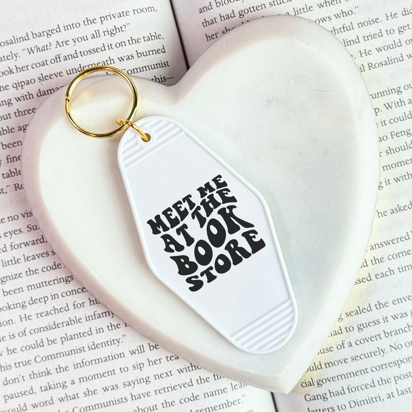 Meet Me at the Bookstore Motel Keychain - Retro Double-Sided UVF Decal for Book Lovers and Bookstore Adventures