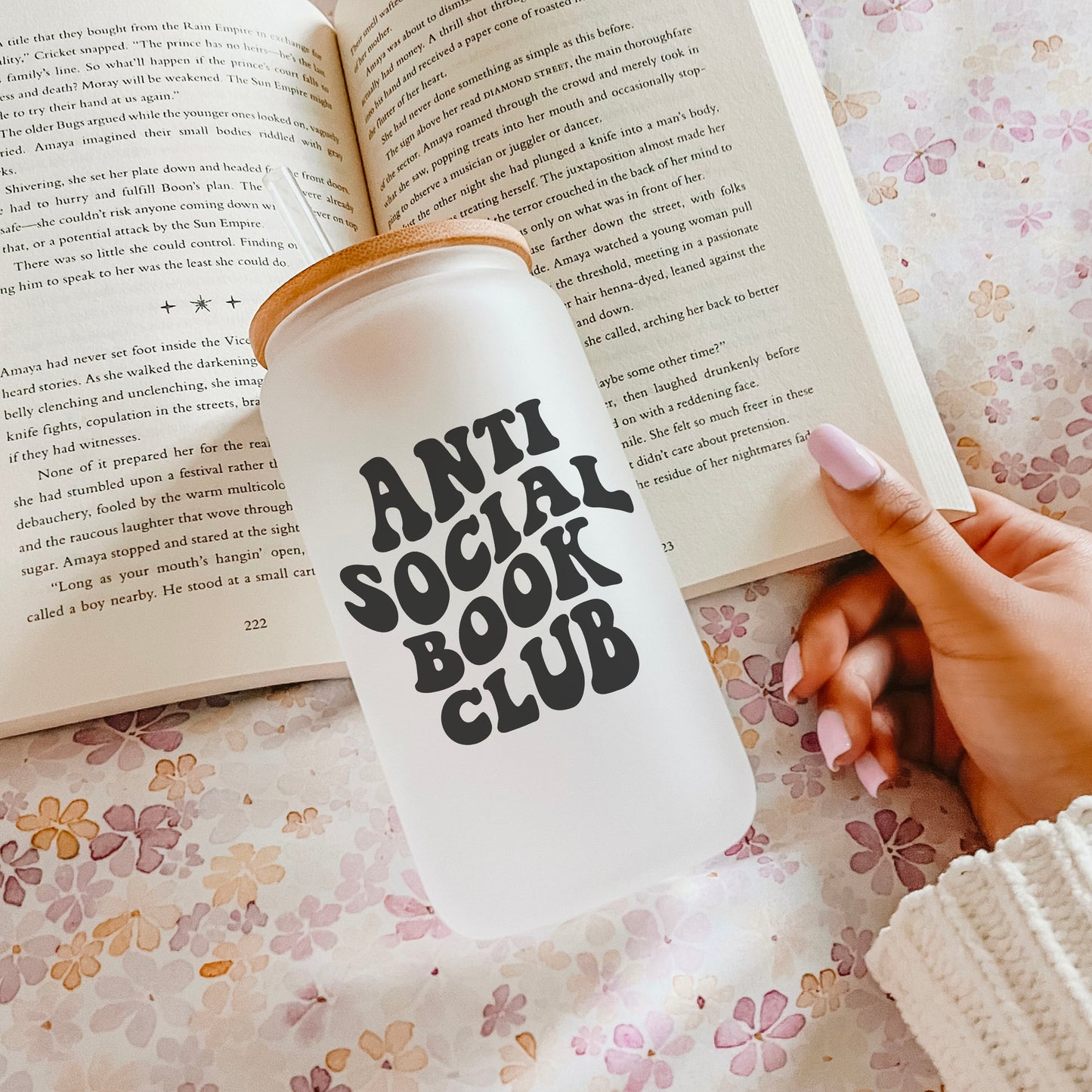 Anti-Social Book Club Frosted Glass Cup with Bamboo Lid & Straw