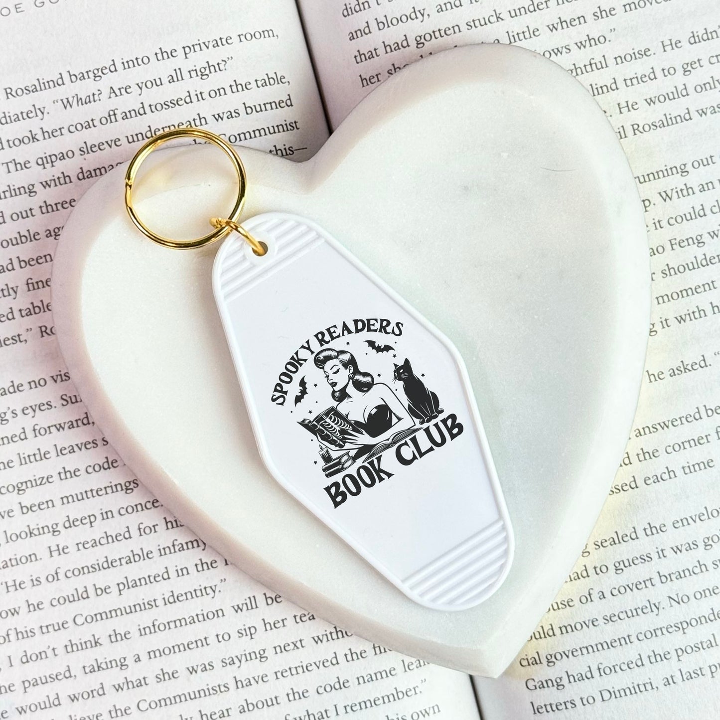 Spooky Readers Book Club Motel Keychain | Retro Halloween Bookish Accessory with UVF Decal