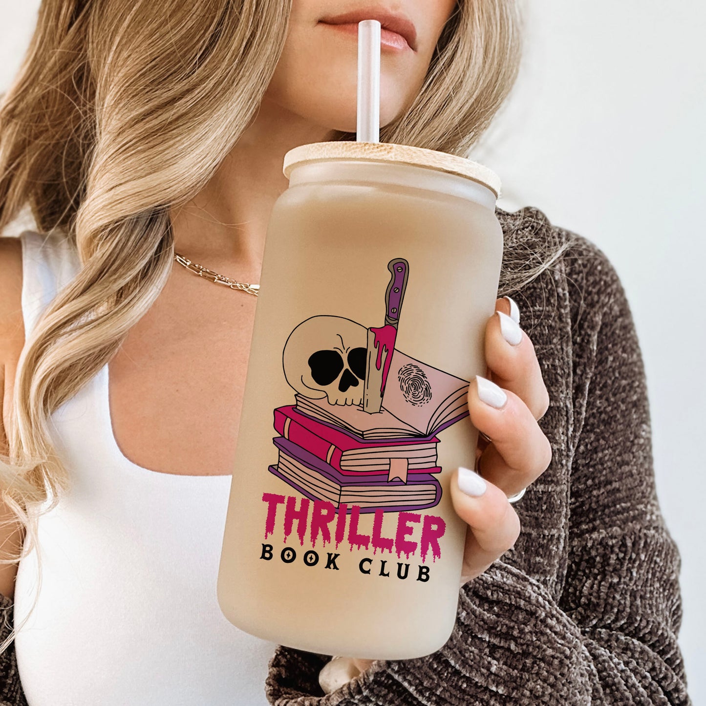 Thriller Book Club 16oz Frosted Glass Cup – Perfect for Book Lovers and Mystery Enthusiasts