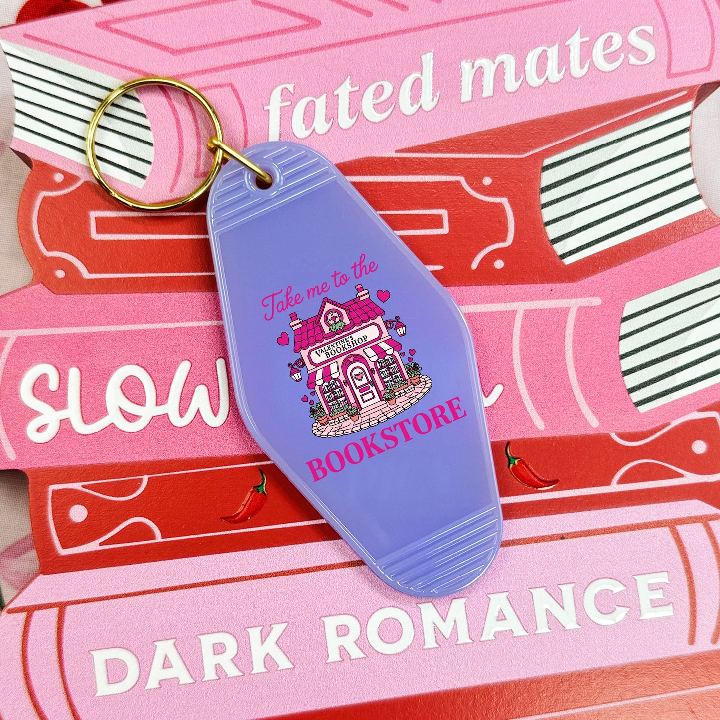 Take Me to the Bookstore Valentine's Retro Motel Keychain