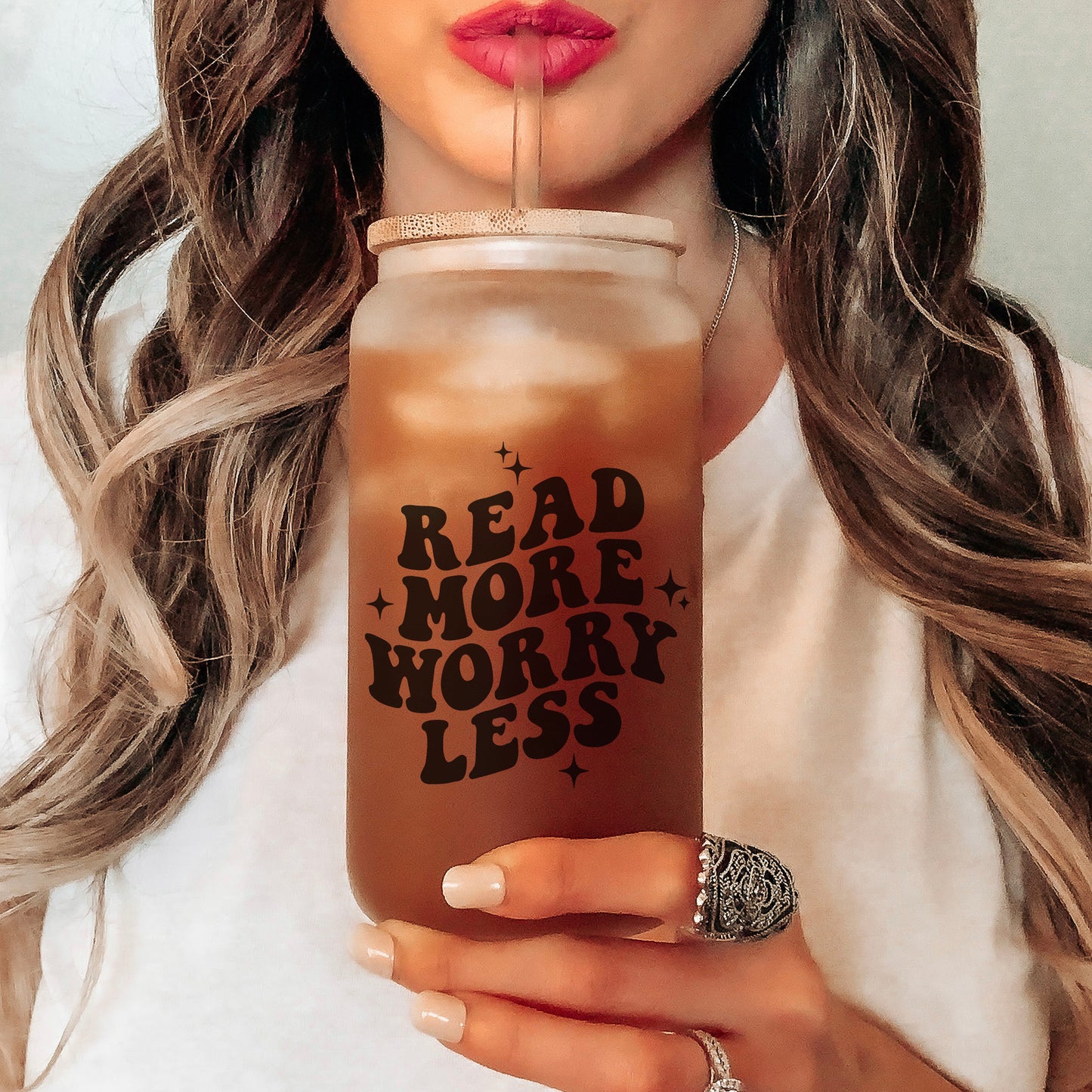 Read More Worry Less Frosted Glass Cup with Bamboo Lid and Reusable Straw | Perfect Bookish Drinkware for Readers