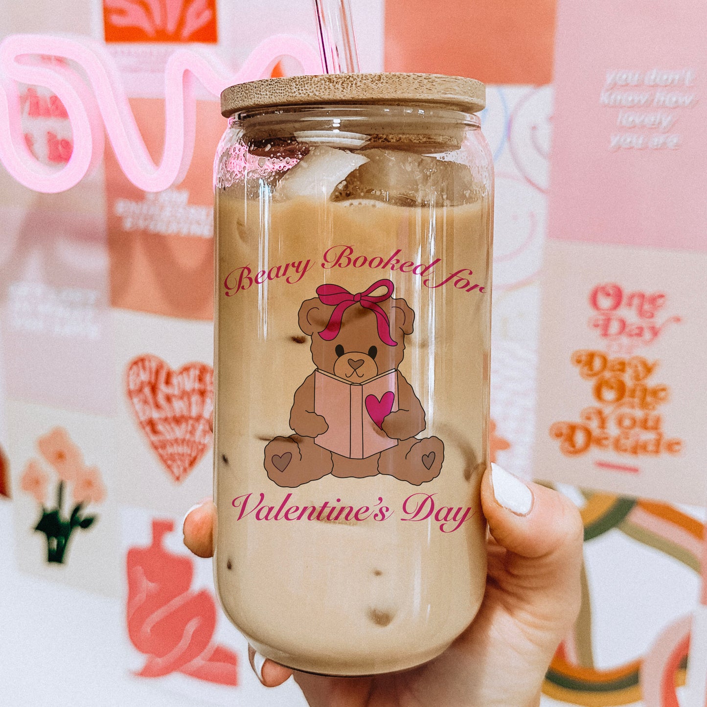 Beary Booked for Valentine’s Day Clear Glass Cup with Bamboo Lid & Plastic Straw