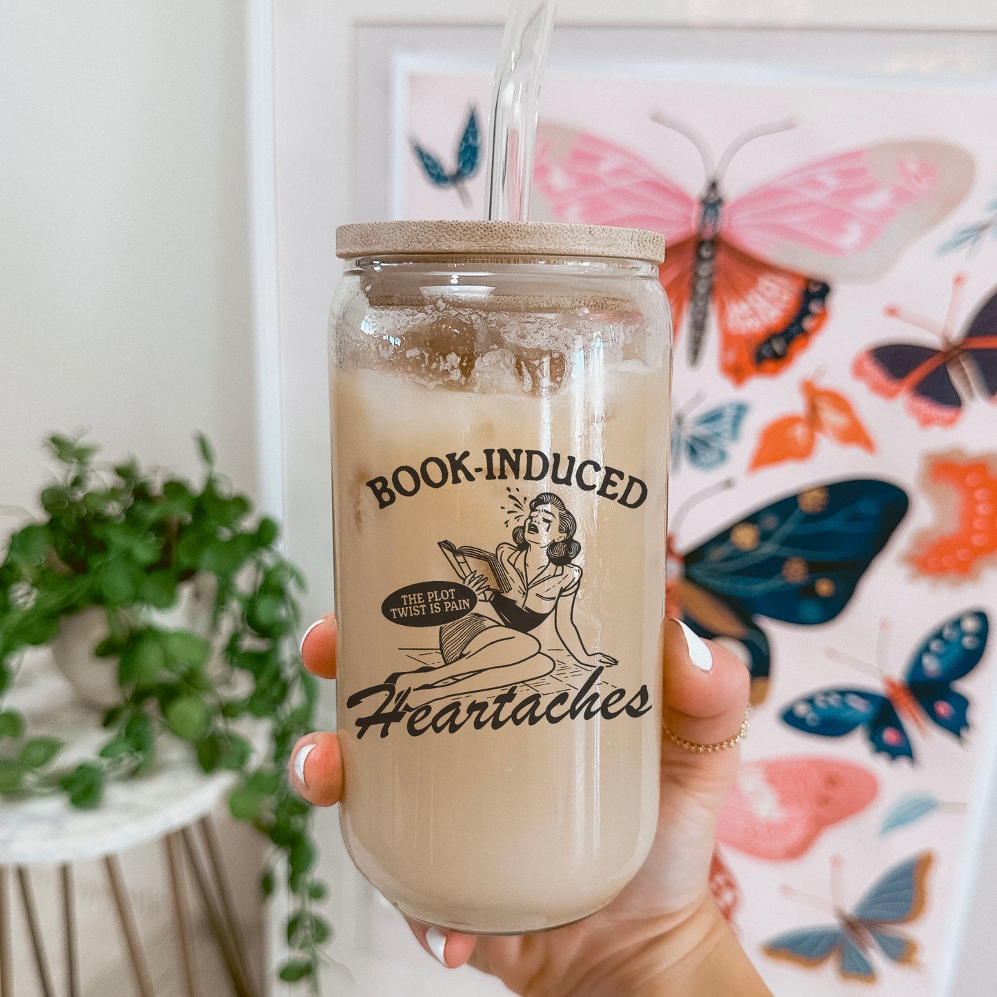 Book Induced Heartache Clear Glass Cup with Bamboo Lid & Straw