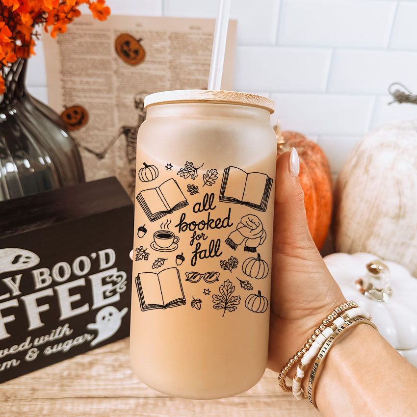 All Booked for Fall Frosted Glass Cup with Bamboo Lid & Straw