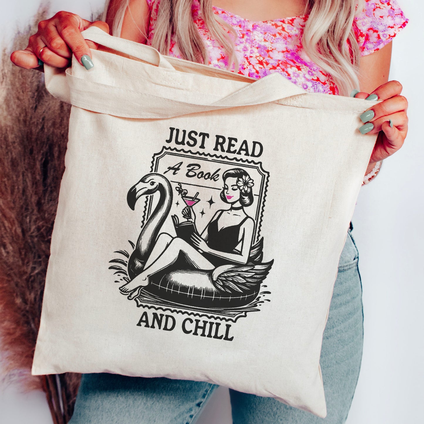 Just Read a Book and Chill Tote Bag – Retro Summer Bookish Canvas Bag