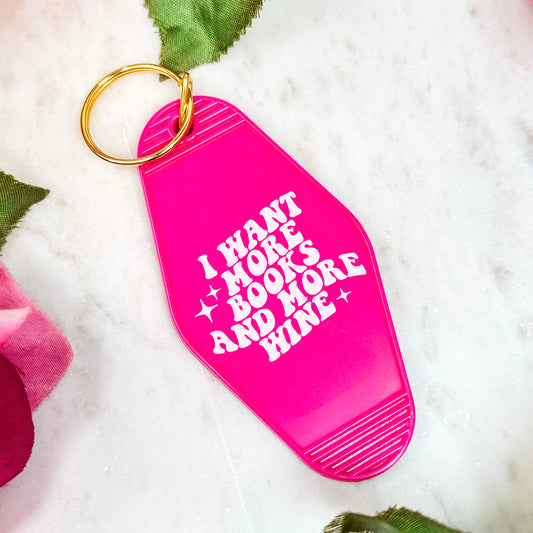 I Want More Books And More Wine Retro Motel Keychain