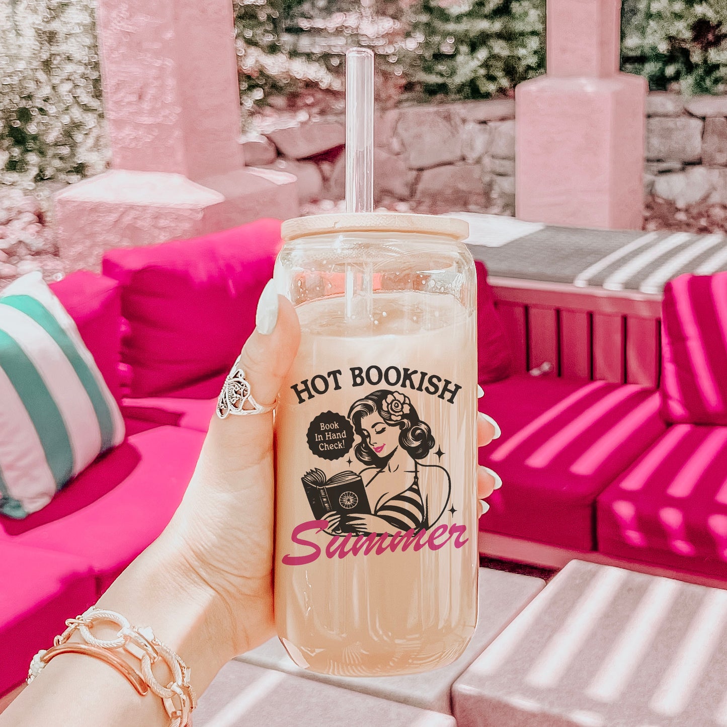 Hot Bookish Summer Clear Glass Cup with Bamboo Lid & Straw