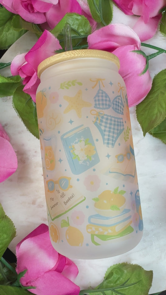 Summer Book Lover Full Wrap Frosted Glass Cup with Bamboo Lid & Straw