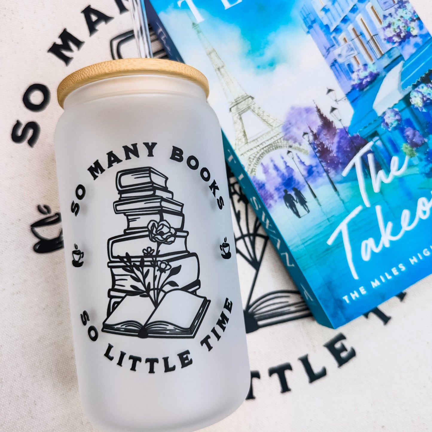 So Many Books So Little Time Frosted Glass Cup with Bamboo Lid and Straw | Bookish Iced Coffee Glass for Readers