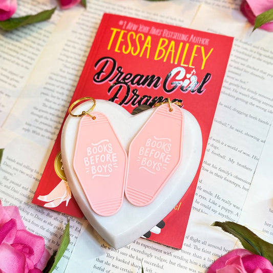 Books Before Boys Retro Motel Keychain with UVF Decal for Book Lovers and Valentine’s Day