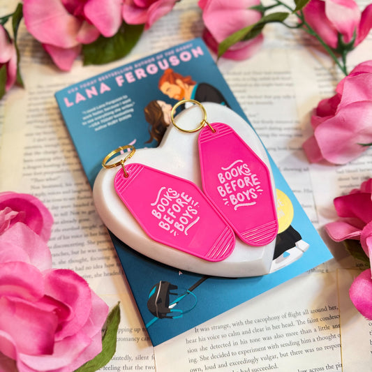 Books Before Boys Retro Motel Keychain with UVF Decal for Book Lovers and Valentine’s Day