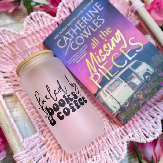 Fueled by Books and Coffee Frosted Glass Cup with Bamboo Lid and Straw | Bookish Gift for Readers