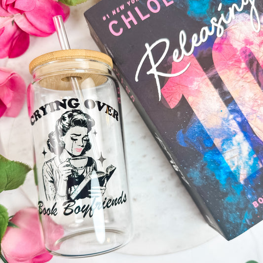 Crying Over Book Boyfriends Clear Glass Cup with Bamboo Lid & Straw