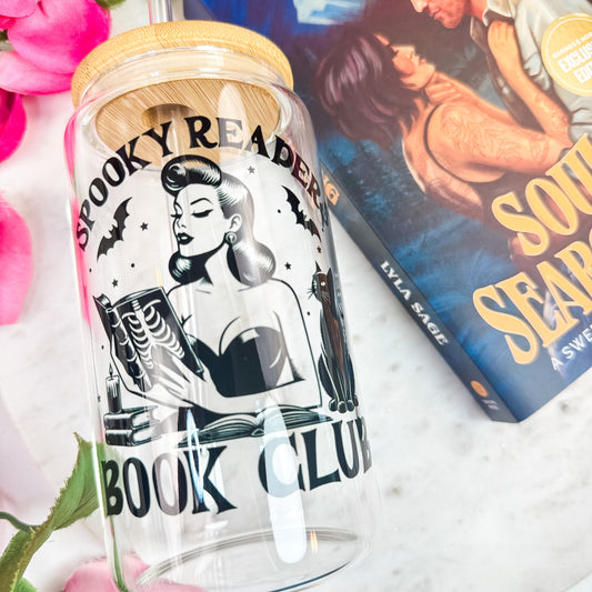 Spooky Readers Book Club Glass Cup | Clear Tumbler with Bamboo Lid and Optional Glass Straw Upgrade for Halloween Book Lovers