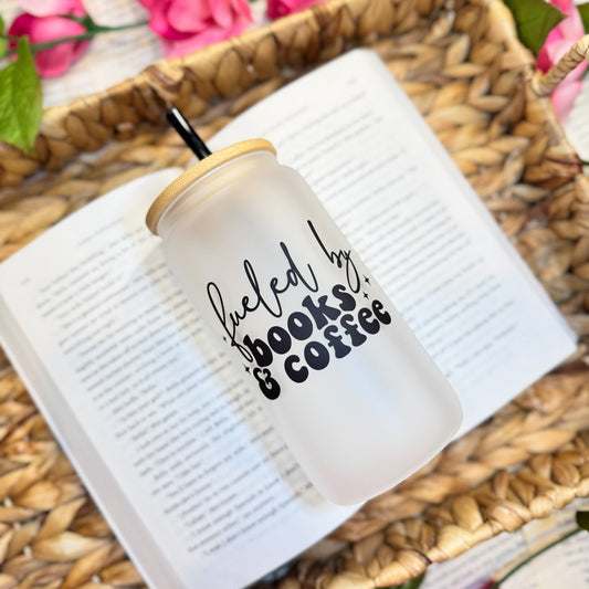 Fueled by Books and Coffee Frosted Glass Cup with Bamboo Lid and Straw | Bookish Gift for Readers