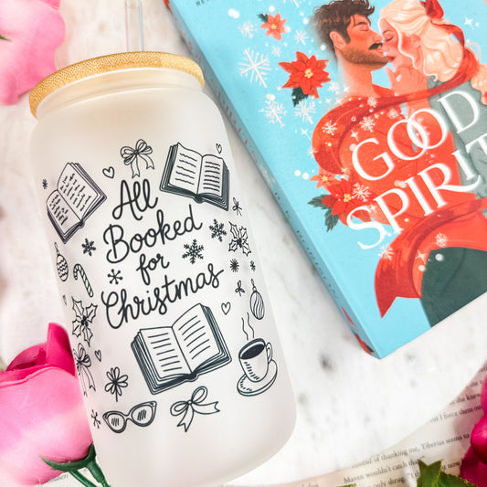 All Booked for Christmas Frosted Glass Cup With Bamboo Lid & Straw