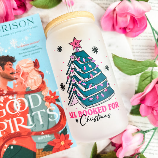 All Booked for Christmas Frosted Glass Cup with Bamboo Lid & Straw