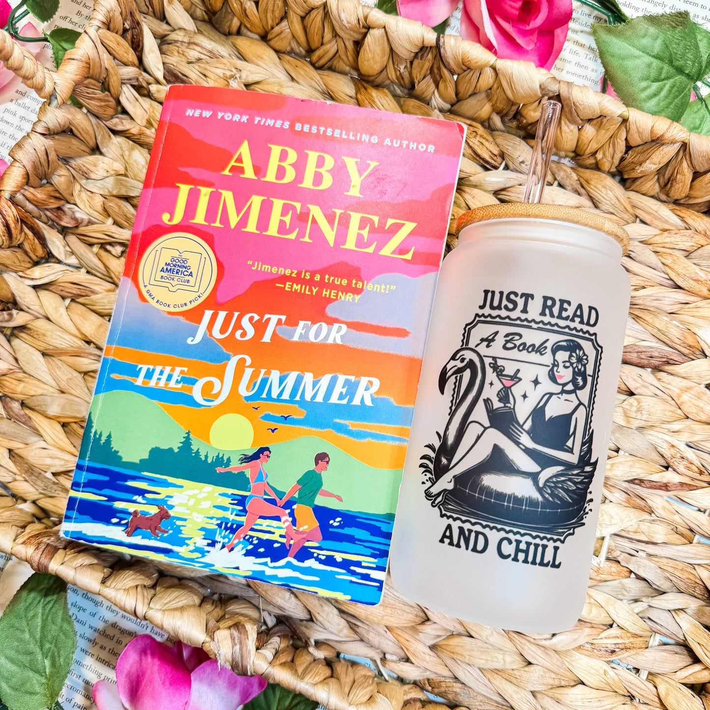 Just Read and Chill Retro Frosted Glass Cup - Bamboo Lid & Straw for Book Lovers