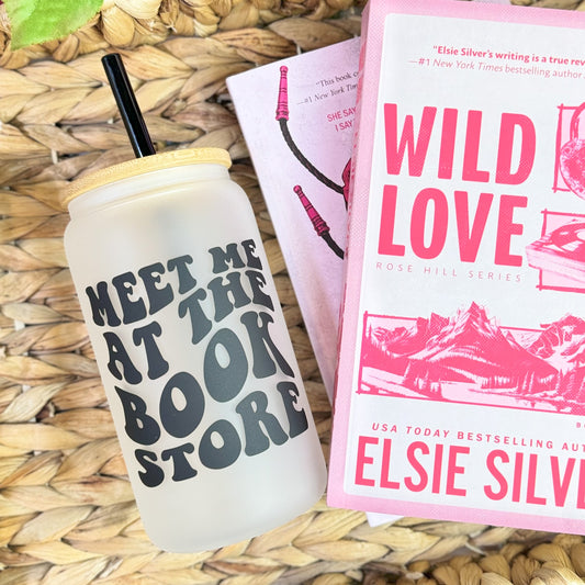 Meet Me at the Bookstore Frosted Glass Cup with Bamboo Lid and Straw | Bookish Drinkware Perfect for Bookstore Trips
