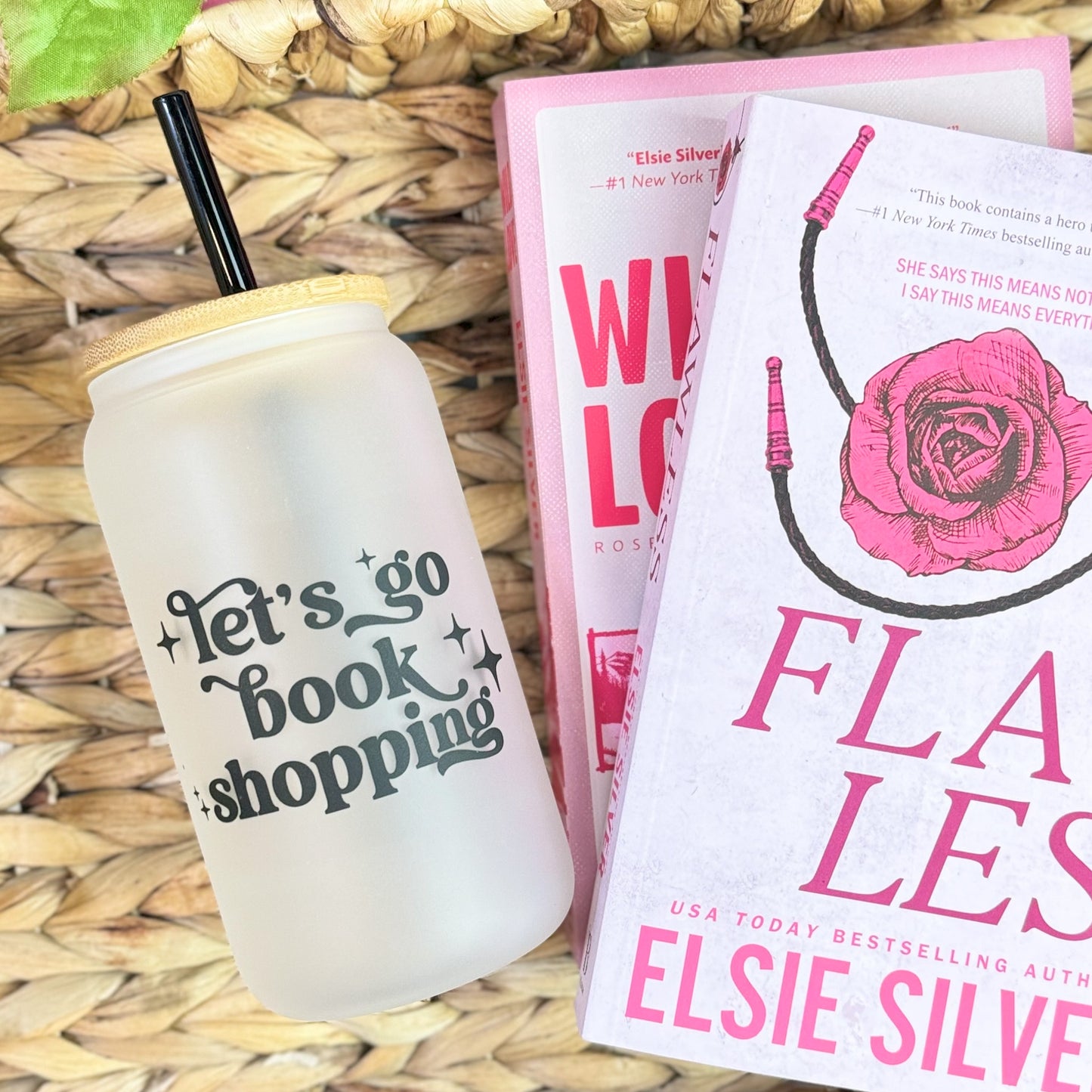Let’s Go Book Shopping Frosted Glass Cup with Bamboo Lid and Reusable Straw