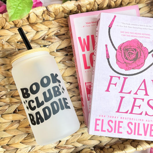 Book Club Baddie Frosted Glass Cup with Bamboo Lid and Plastic Straw for Book Lovers and Romance Readers