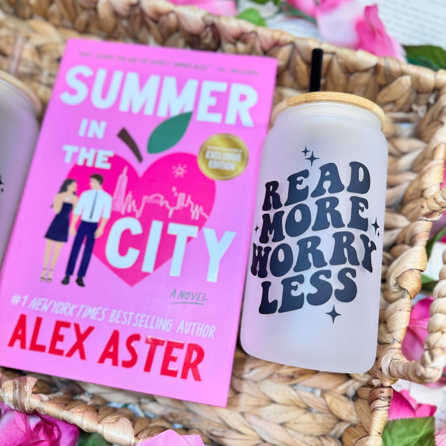 Read More Worry Less Frosted Glass Cup with Bamboo Lid and Reusable Straw | Perfect Bookish Drinkware for Readers