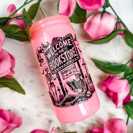 Welcome to the Bookstore Pink Glass Cup with Pink Lid & Glass Straw