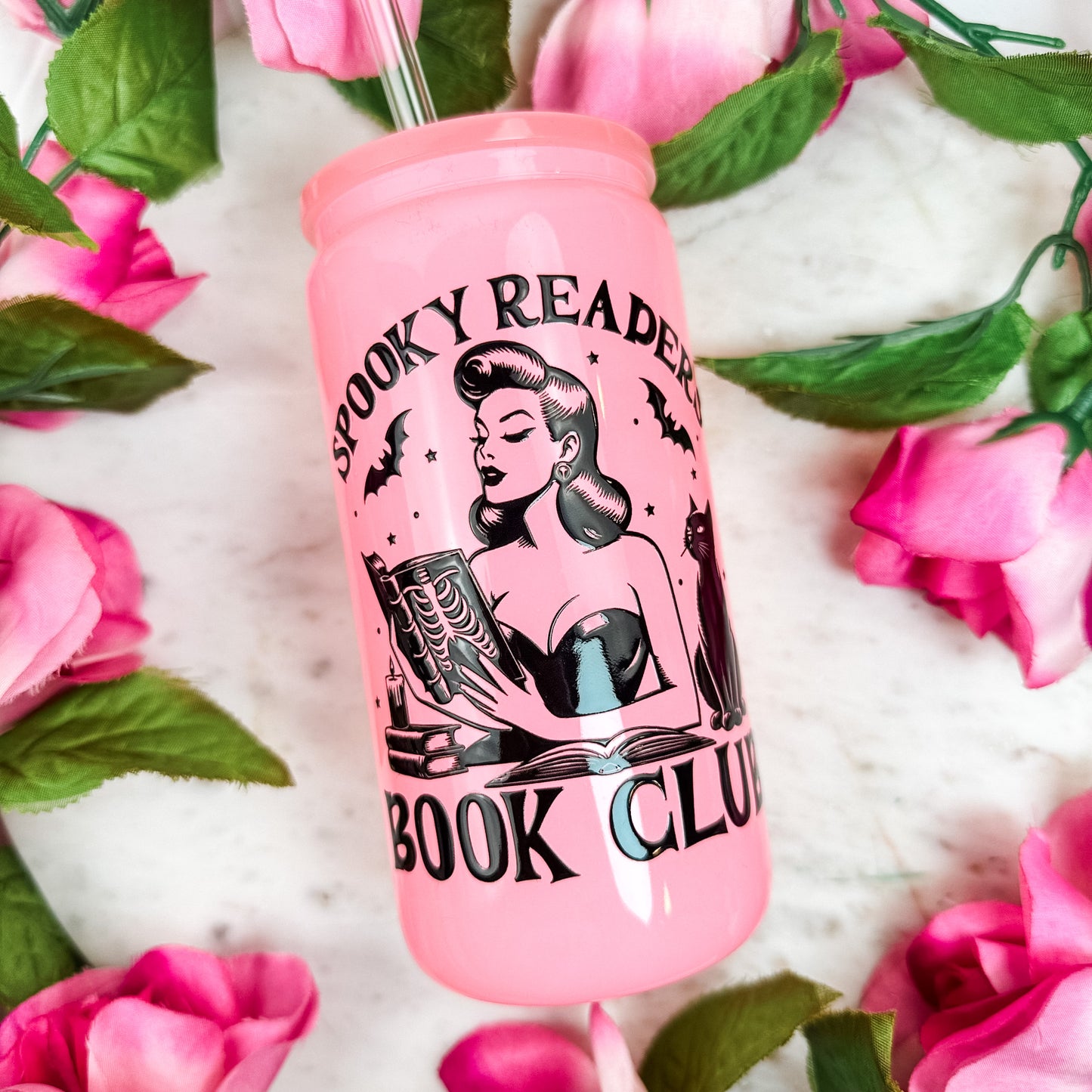 Spooky Readers Book Club Pink Glass Cup with Pink Lid & Glass Straw