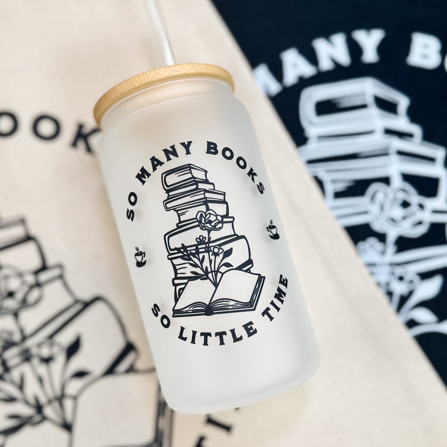 So Many Books So Little Time Frosted Glass Cup with Bamboo Lid and Straw | Bookish Iced Coffee Glass for Readers