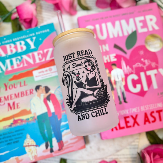 Just Read and Chill Retro Frosted Glass Cup - Bamboo Lid & Straw for Book Lovers