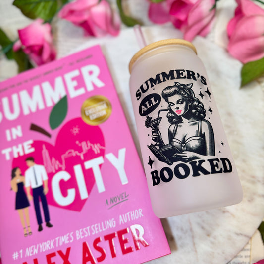 Summer’s All Booked Frosted Glass Cup with Bamboo Lid & Straw | Retro Bookish Drinkware
