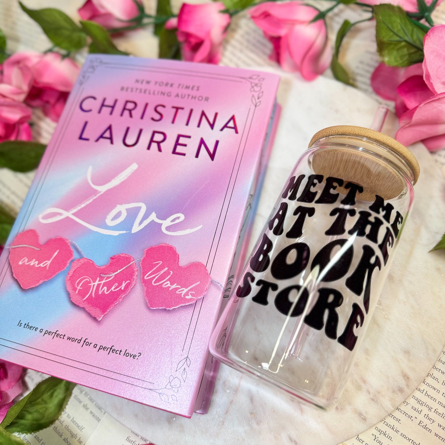 Meet Me at the Bookstore Clear Glass Cup with Bamboo Lid and Straw | Perfect Bookish Tumbler for Coffee, Tea, and Bookstore Adventures