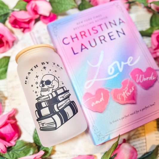 Death by TBR Frosted Glass Cup | Bookish Glass Cup with Bamboo Lid and Straw