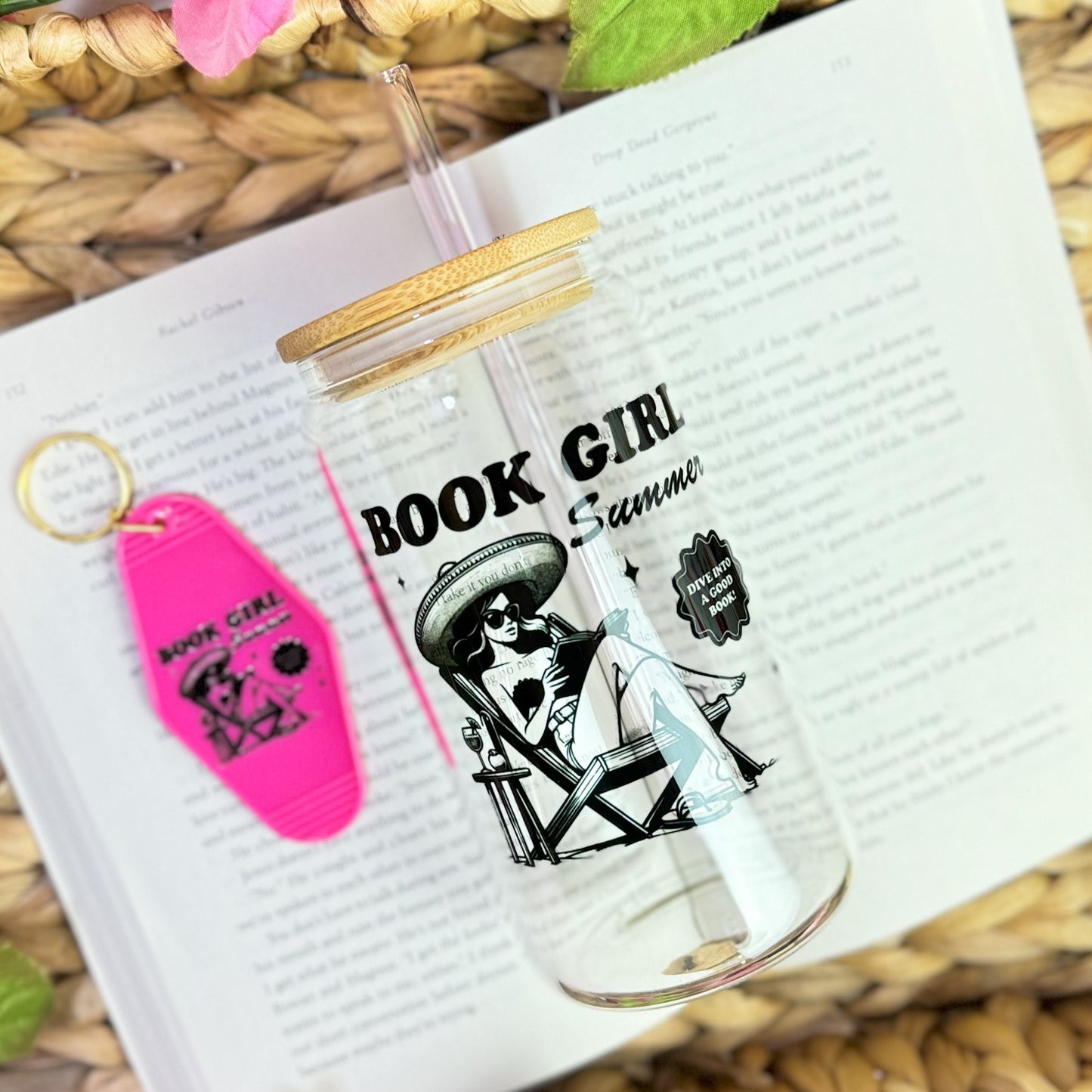 Book Girl Summer Clear Glass Cup with Bamboo Lid & Straw