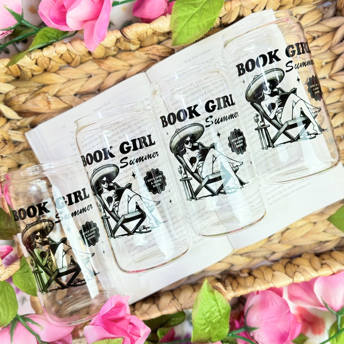 Book Girl Summer Clear Glass Cup with Bamboo Lid & Straw