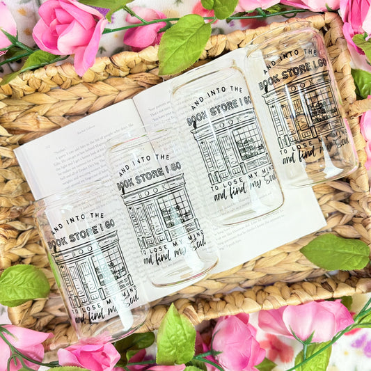 Into the Bookstore I Go Clear Glass Cup with Bamboo Lid and Straw - Perfect for Bookstore Adventures and Daily Sips