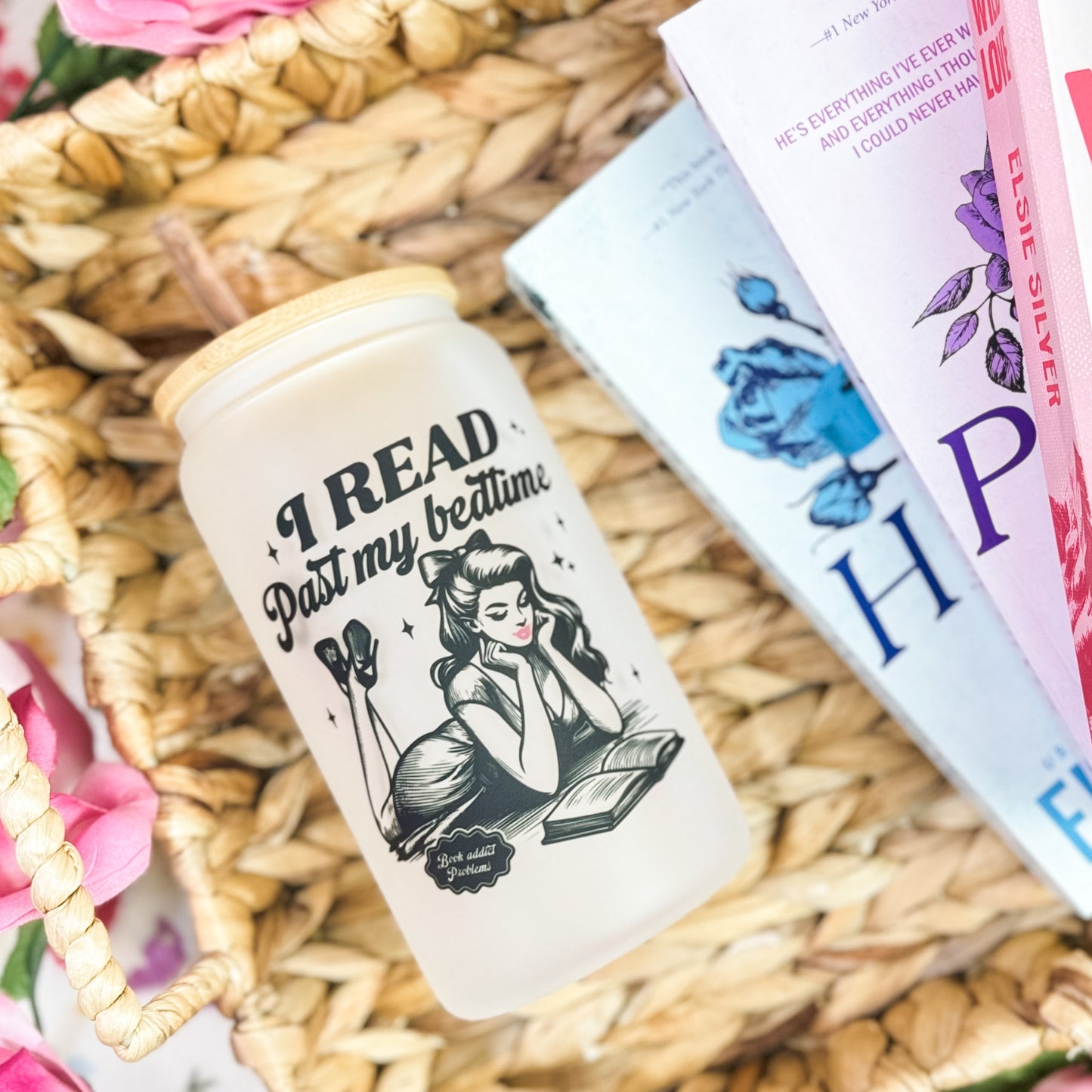 I Read Past My Bedtime Frosted Glass Cup w/Bamboo Lid + Plastic Straw