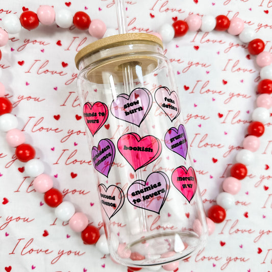 Bookish Tropes Candy Hearts Clear Glass Cup with Bamboo Lid & Straw