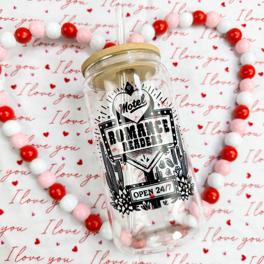 Romance Readers Motel Clear Glass Cup with Bamboo Lid & Straw