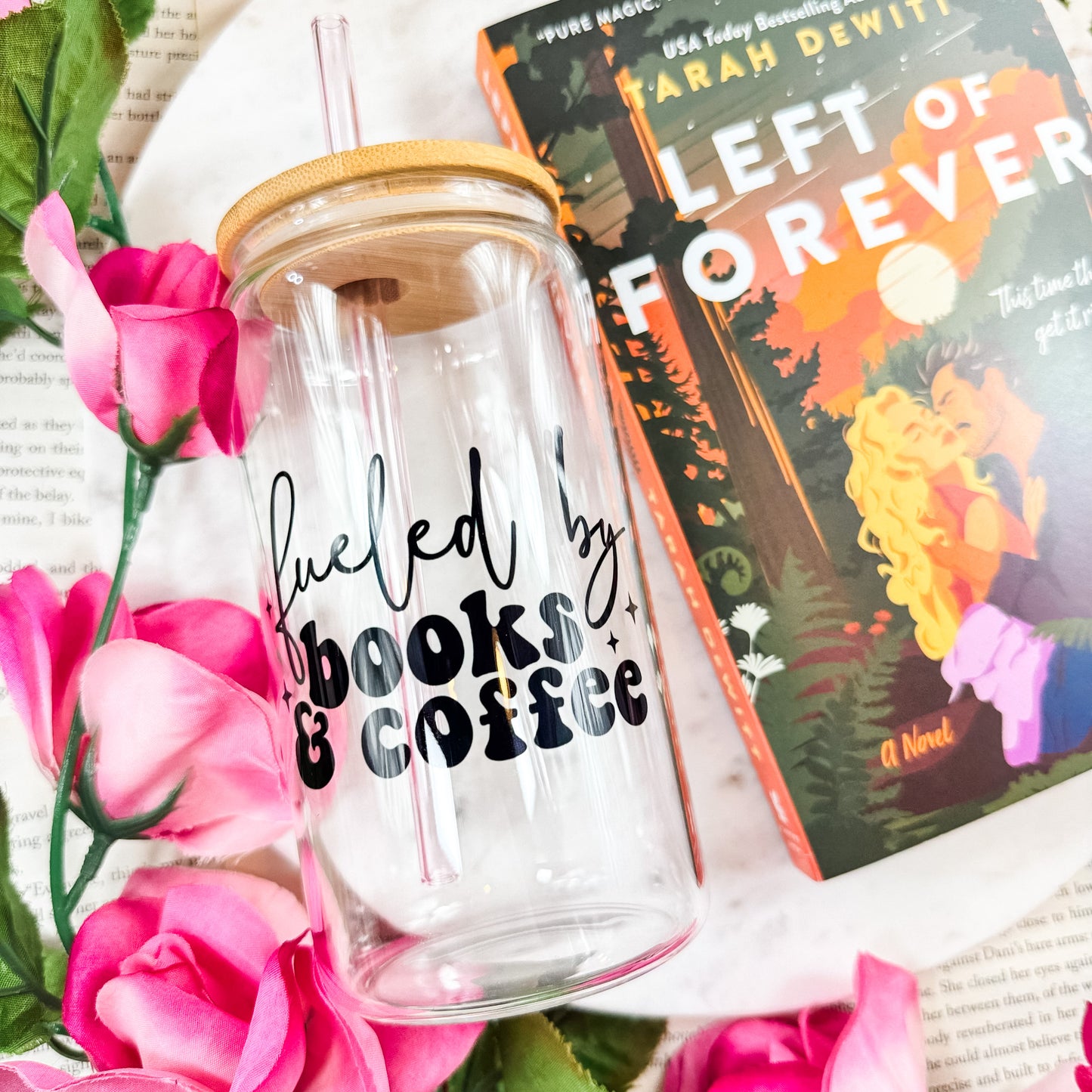 Fueled By Books & Coffee Clear Glass Cup with Bamboo Lid & Straw