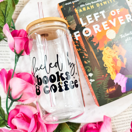 Fueled By Books & Coffee Clear Glass Cup with Bamboo Lid & Straw