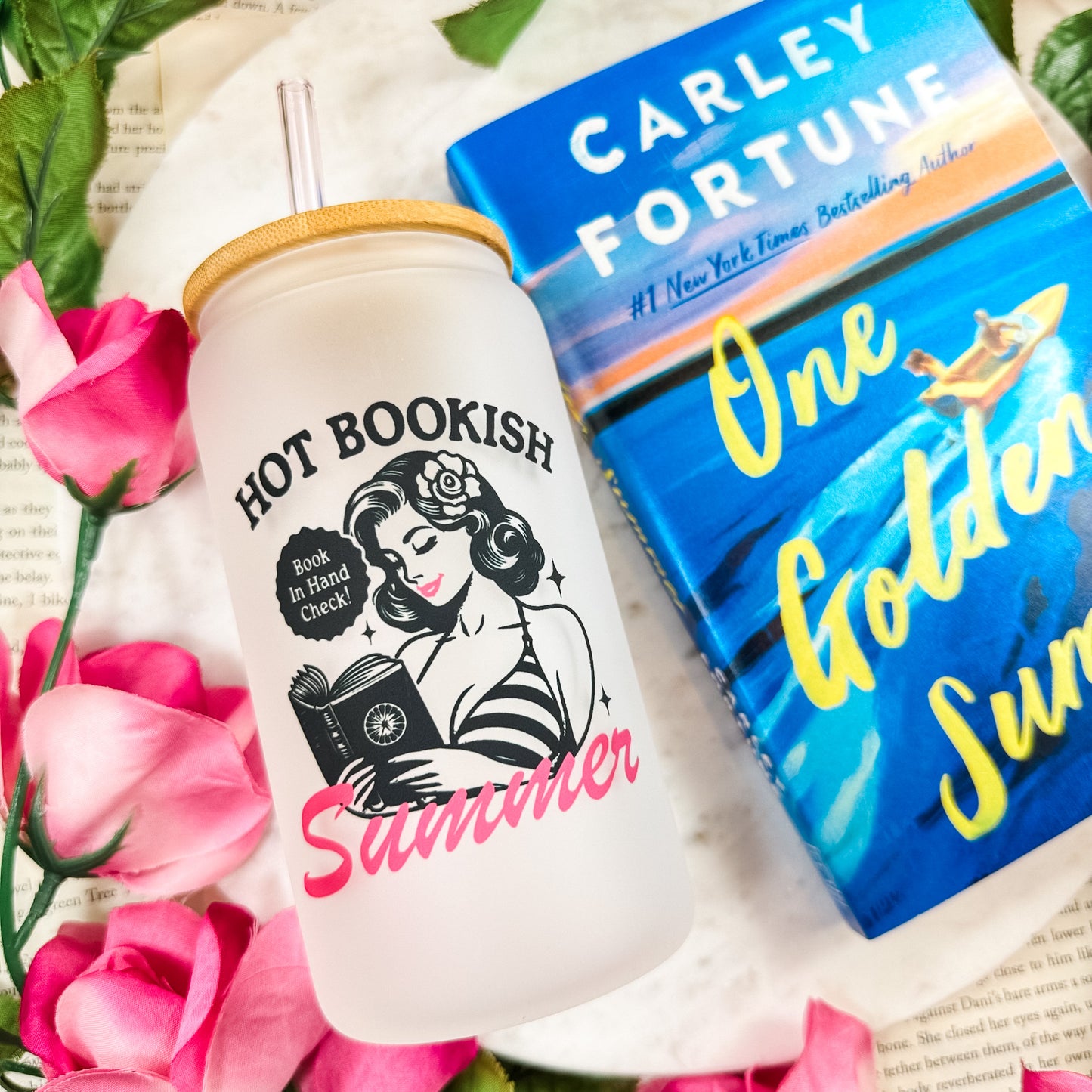 Hot Bookish Summer Frosted Glass Cup with Bamboo Lid & Straw