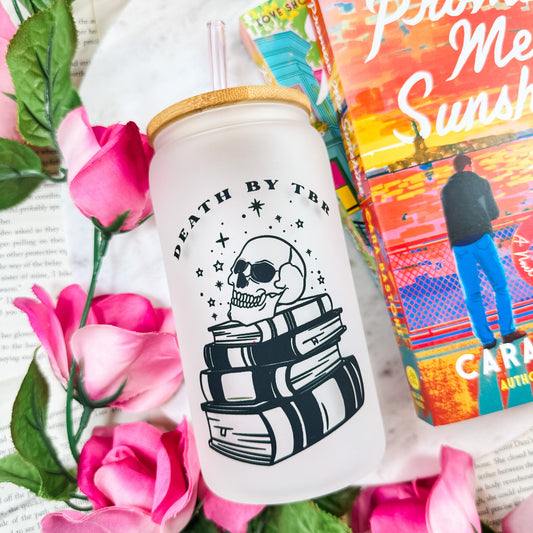 Death by TBR Frosted Glass Cup | Bookish Glass Cup with Bamboo Lid and Straw
