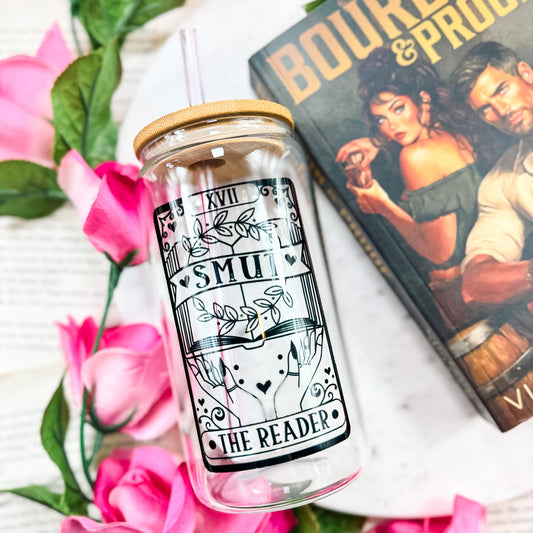 Smut Reader Tarot Card Bookish Clear Glass Cup With Bamboo Lid And Straw | Spicy BookTok Gift for Readers