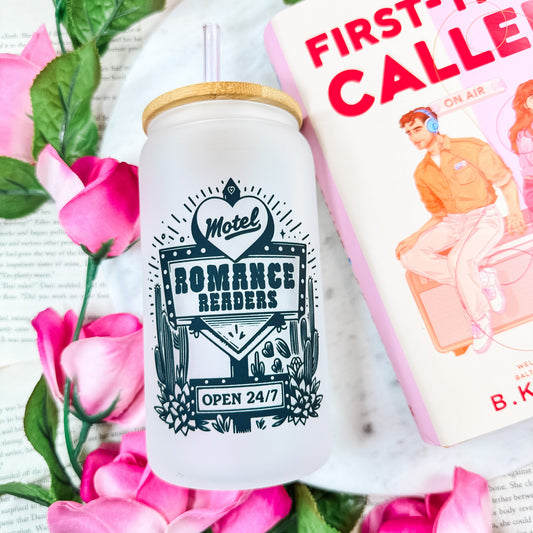 Romance Readers Motel Frosted Glass Cup with Bamboo Lid and Straw