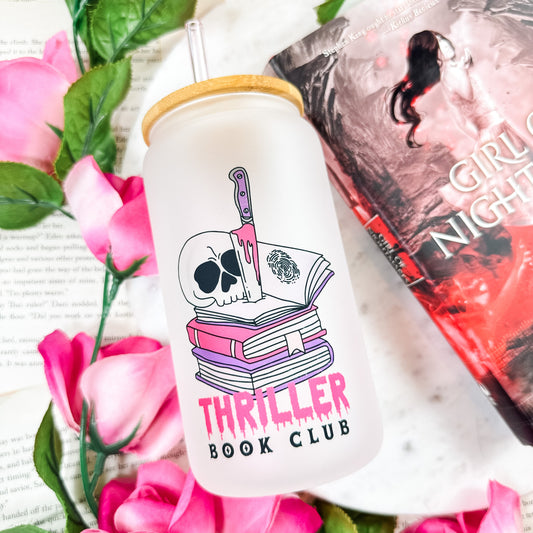 Thriller Book Club 16oz Frosted Glass Cup – Perfect for Book Lovers and Mystery Enthusiasts