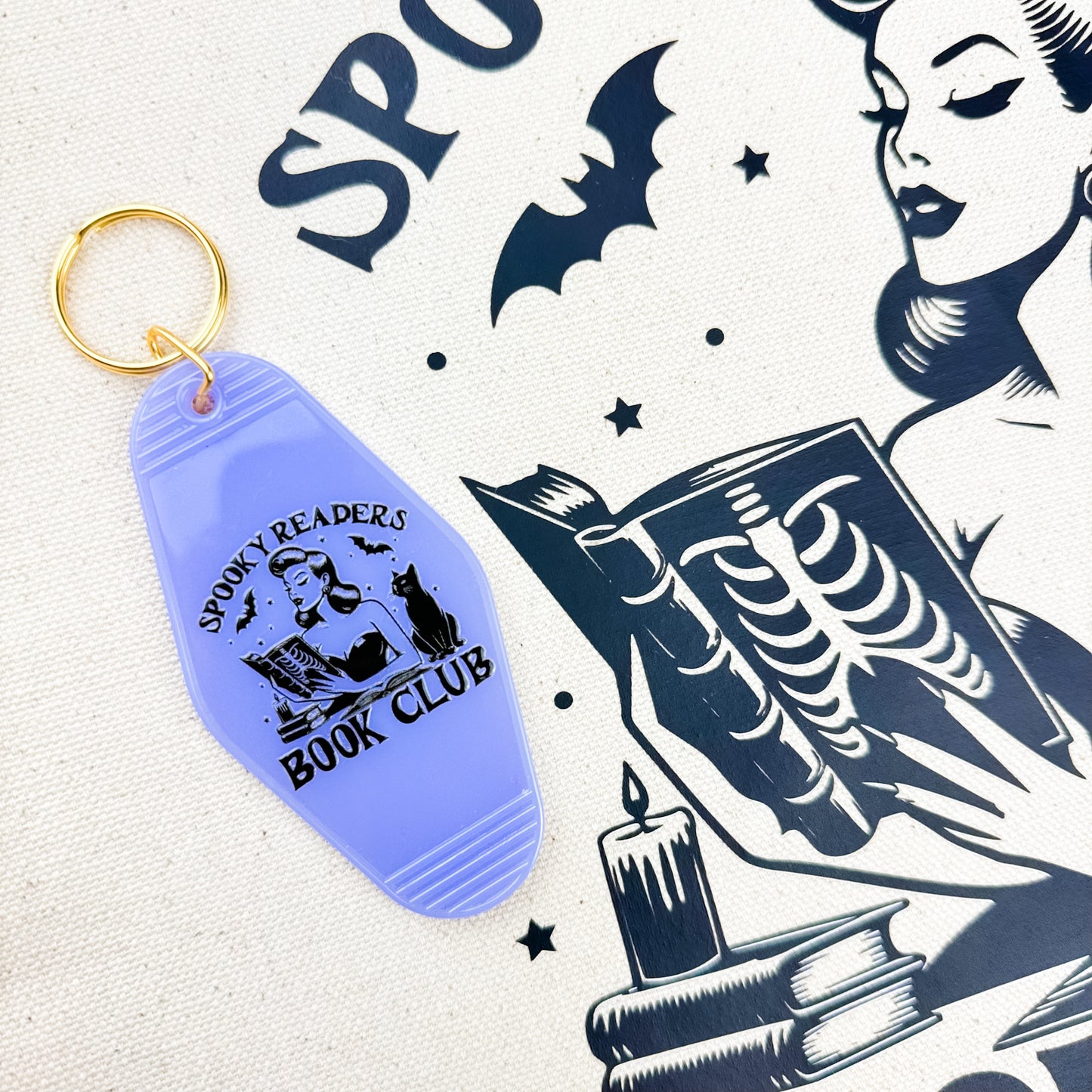 Spooky Readers Book Club Motel Keychain | Retro Halloween Bookish Accessory with UVF Decal