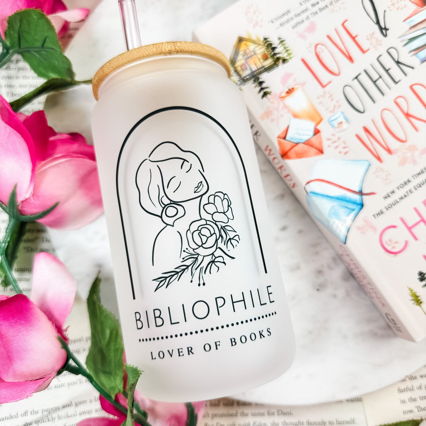 Bibliophile: Lover of Books Frosted Glass Cup with Bamboo Lid & Straw