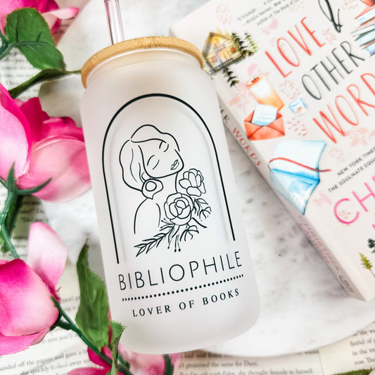 Bibliophile: Lover of Books Frosted Glass Cup With Bamboo Lid And Straw